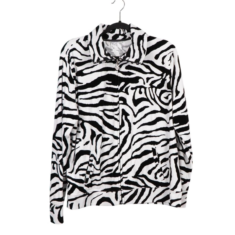 Zebra Print Full Zip Fleece Jacket XL Womens Threehearts Black White Soft Fleece
